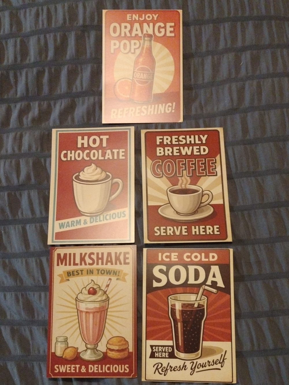 Set Of 5,Retro Beverage Art Orange Pop, Coffee, Hot Chocolate, Milkshake, Soda